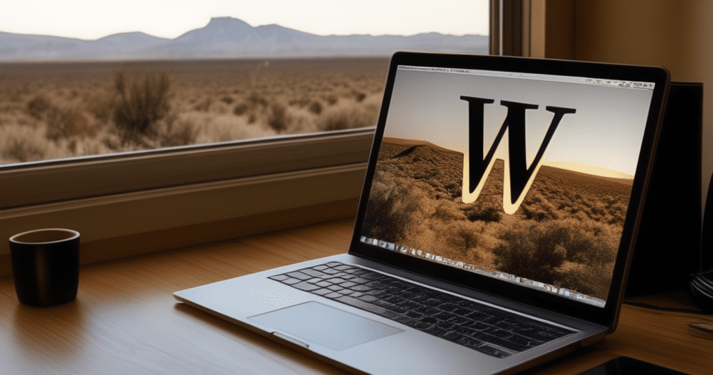 notebook computer on desk, "W" on screen, next to window with Arizona desert background